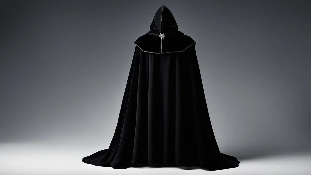 накидка — длинная, из чёрного бархата, отороченная не серебром, а тонким, почти невидимым серым мехом по краю капюшона. Она была простой, но элегантной, без вычурных украшений, лишь на застёжке в виде летучей мыши сверкал один маленький, тёмный камень, похожий на обсидиан