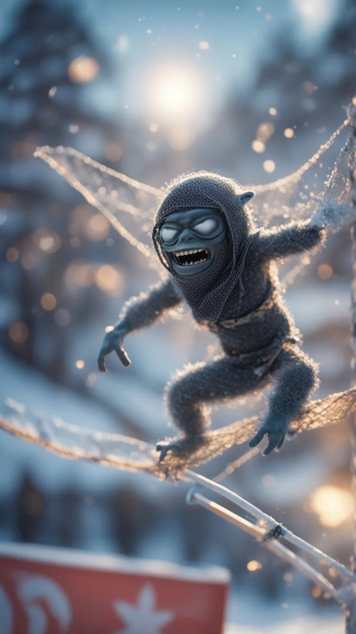 ninja yeti god gremlin alien pimp with ski mask caught frozen in net, bokeh like f/0.8, tilt-shift lens 8k, high detail, smooth render, down-light, unreal engine, prize winning