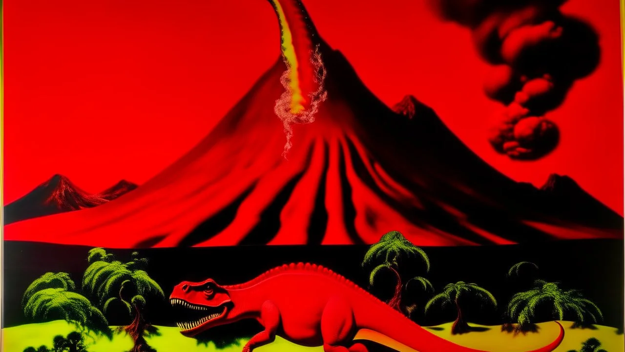 A red volcano with reptiles with healing fire painted by Andy Warhol