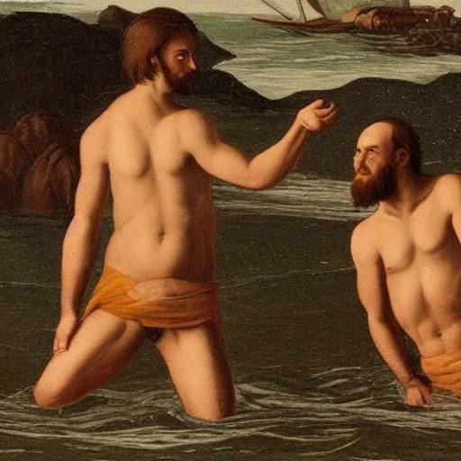 two men shirtless in the water in medieval style