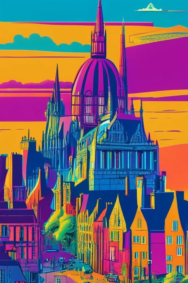 Illustration of Edinburgh in the style of Jonathan Ball, vivid colors, details