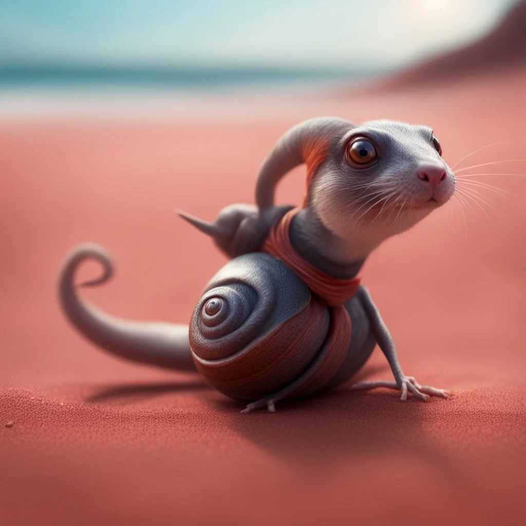 elongated female ninja dog rat snail witch on the red sand beach ,bokeh like f/0.8, tilt-shift lens 8k, high detail, smooth render, down-light, unreal engine