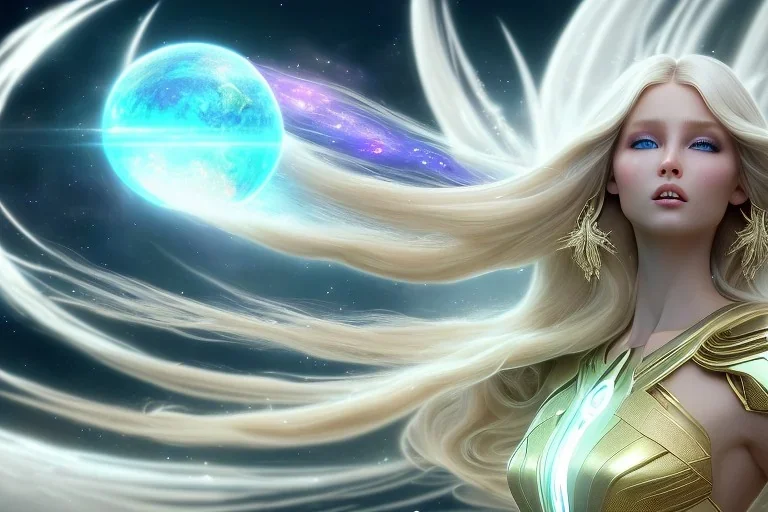  beautiful cosmic woman, long blond hair, nice smiling, magic glamour make up, delicate colors, beautiful glamour galactique dress, ultra sharp focus, 8k, unreal engine 5, extremely sharp detail, light effect, soft light atmosphere of a spaceship, smooth, full of details, face in front, complete vision of face and hair and body