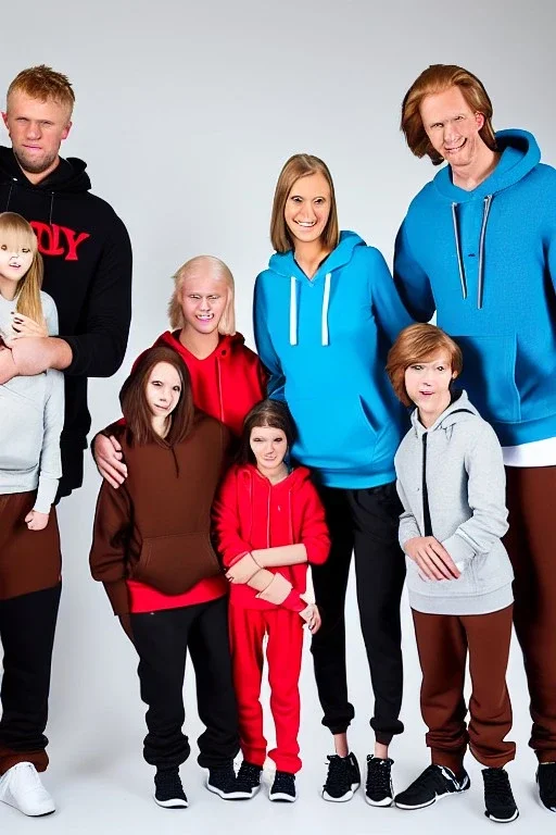 Studio shot of a beautiful swedish family with a mother with shoulder length blonde hair dressed in workout clothes a father with brown hair dressed in sweatpants and a black zip up hoodie a young teenage boy with brown hair dressed in comfortable clothes a young woman with red hair and dressed like an egirl a young athletic boy with messy red hair dressed in popular clothes a messy looking 5 year old with red hair and a goofy smile a toddler with blonde hair dressed in pajamas