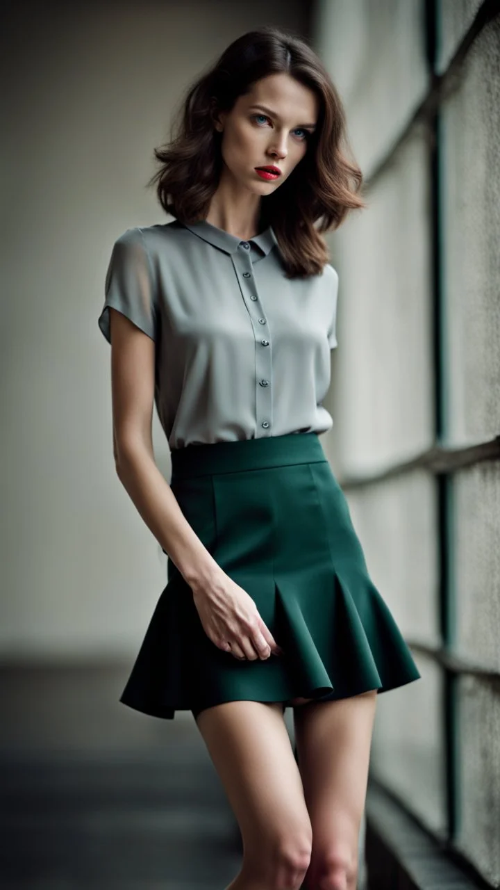 beautiful anorexic secretary, total shot, short satin skirt, nylons, short brunette wavy bob hair, blurred concrete background