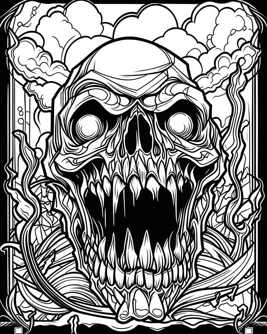 create a 2d black outline, "scary psycho monster death killer deformation on face and psycho smile coloring book for adults", coloring page, low details design, black contour, coloring page design, coloring page for adults,horror background, black contour and white space beetween contour, same contour,sketch style, horror style, creepy style, minimalist, halloween background,simple