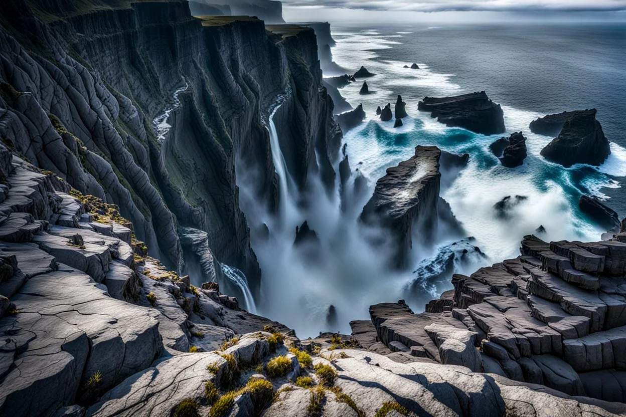 This mesmerizing ocean cliff scene captures the dramatic power and beauty of nature. Towering rugged cliffs stand majestically against the vast expanse of the ocean, where multiple waterfalls cascade down, merging into the turbulent sea below. The cliffs, with their sharp and jagged edges, create a stark contrast to the smooth, flowing water, making the scene even more captivating. Sunlight pierces through the mist rising from the waterfalls, creating a magical, ethereal atmosphere. The powerful