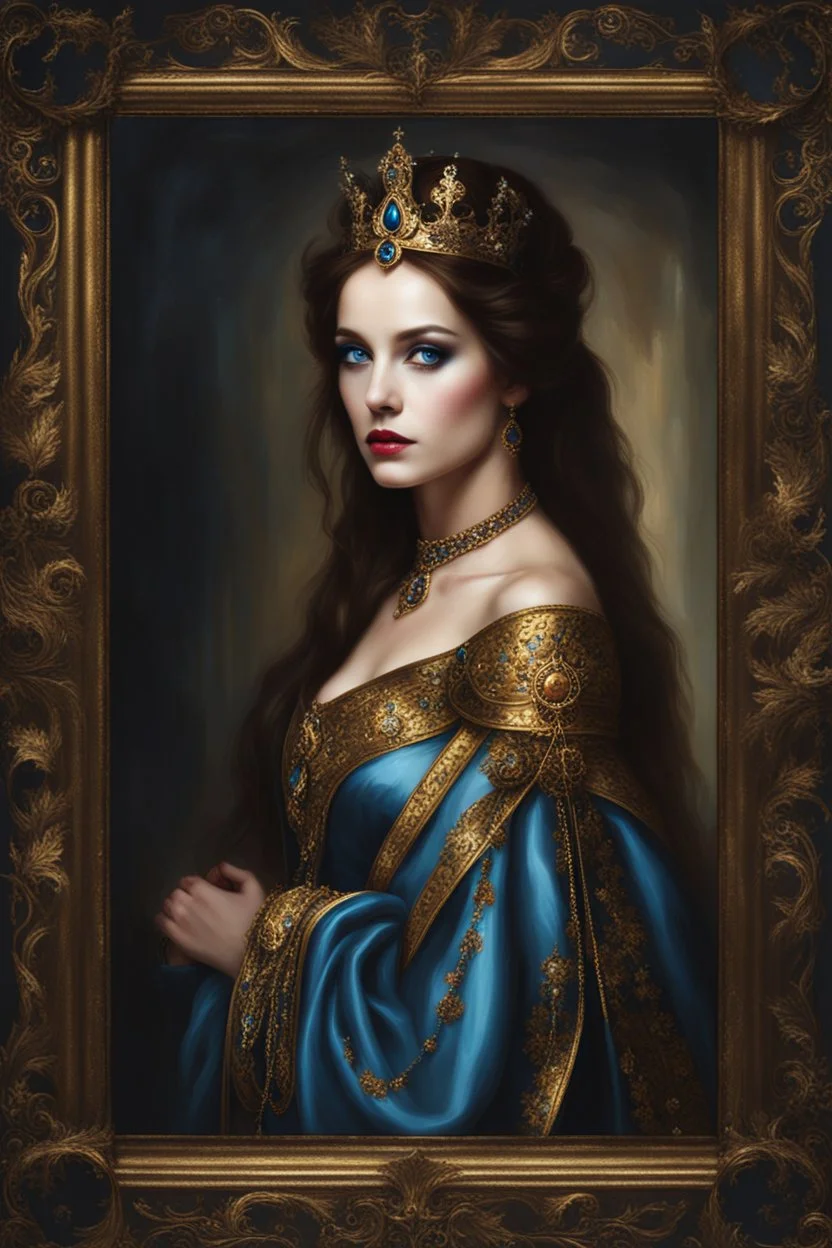 Gothic Gold framed painted portrait of a beautiful queen. Blue eyes, brown hair, dark fantasy