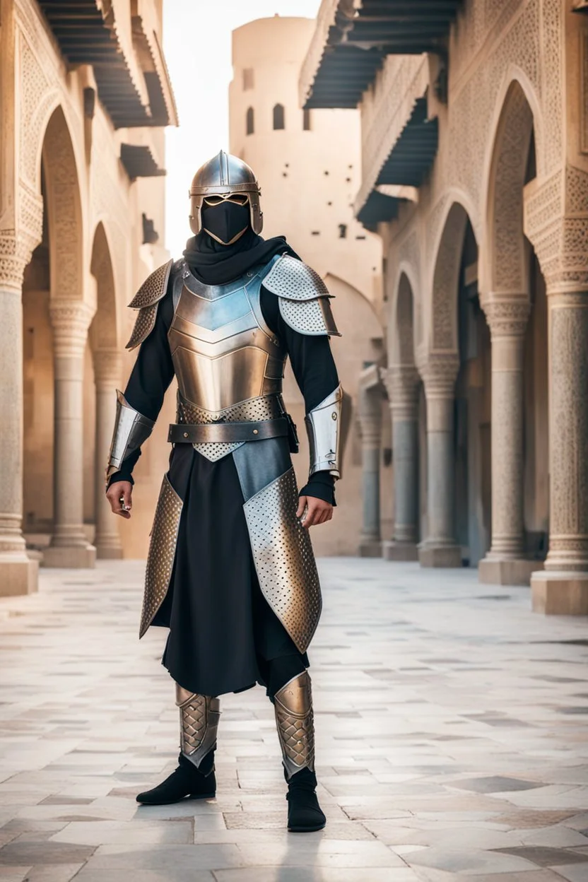 Arab cyborg warrior Full Body Full Armored helmet,Wearing Face Mask Iron Masculine Mysterious Powerful Fantasy High Quality clothes,islamic city background