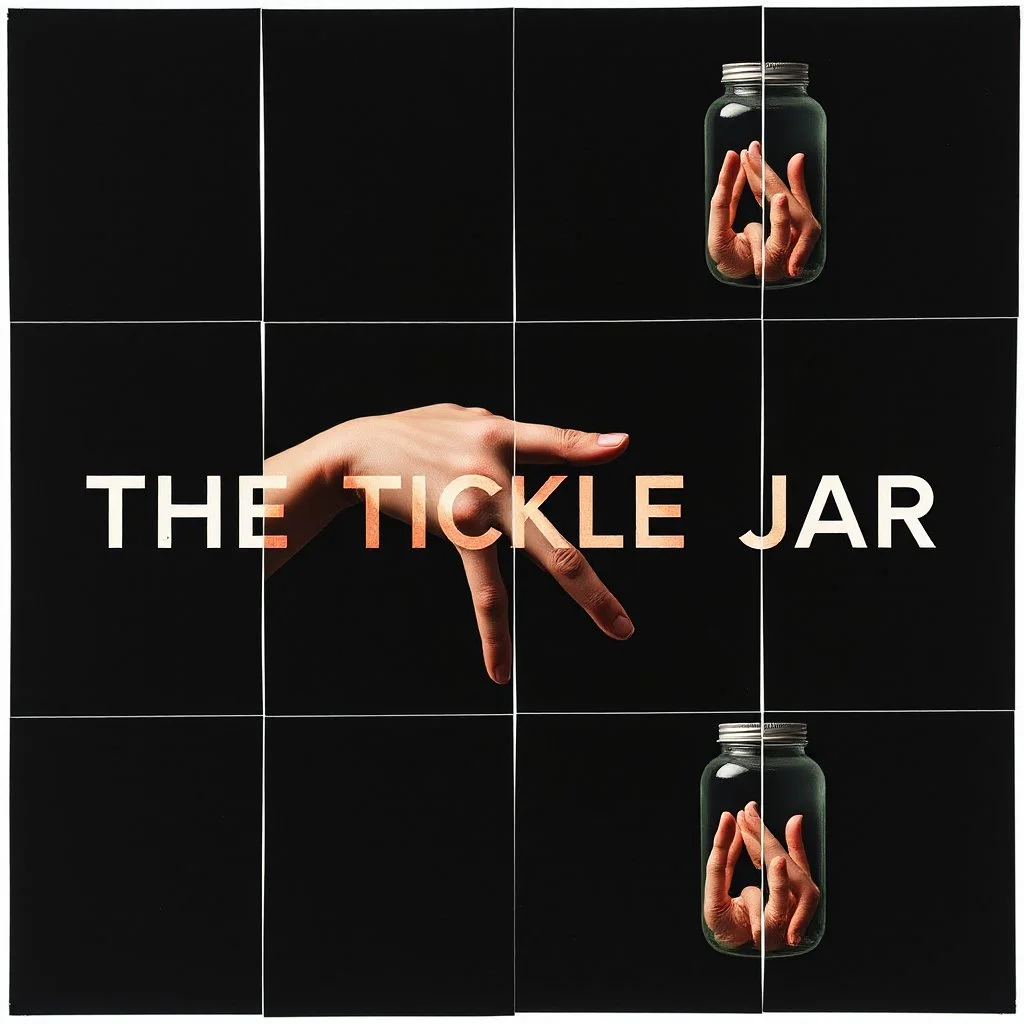 unbalanced color photographic collage featuring dark negative space, TEXT "THE TICKLE JAR", nihilistic arm-like segmented conveyor belt of fingers, sequencing image coherence across multiple panels, minimalism, foreboding, finger brine, Pawel Kuczynski distorted anthropomorphic biomorphic simple organisms, quirky juxtapositions