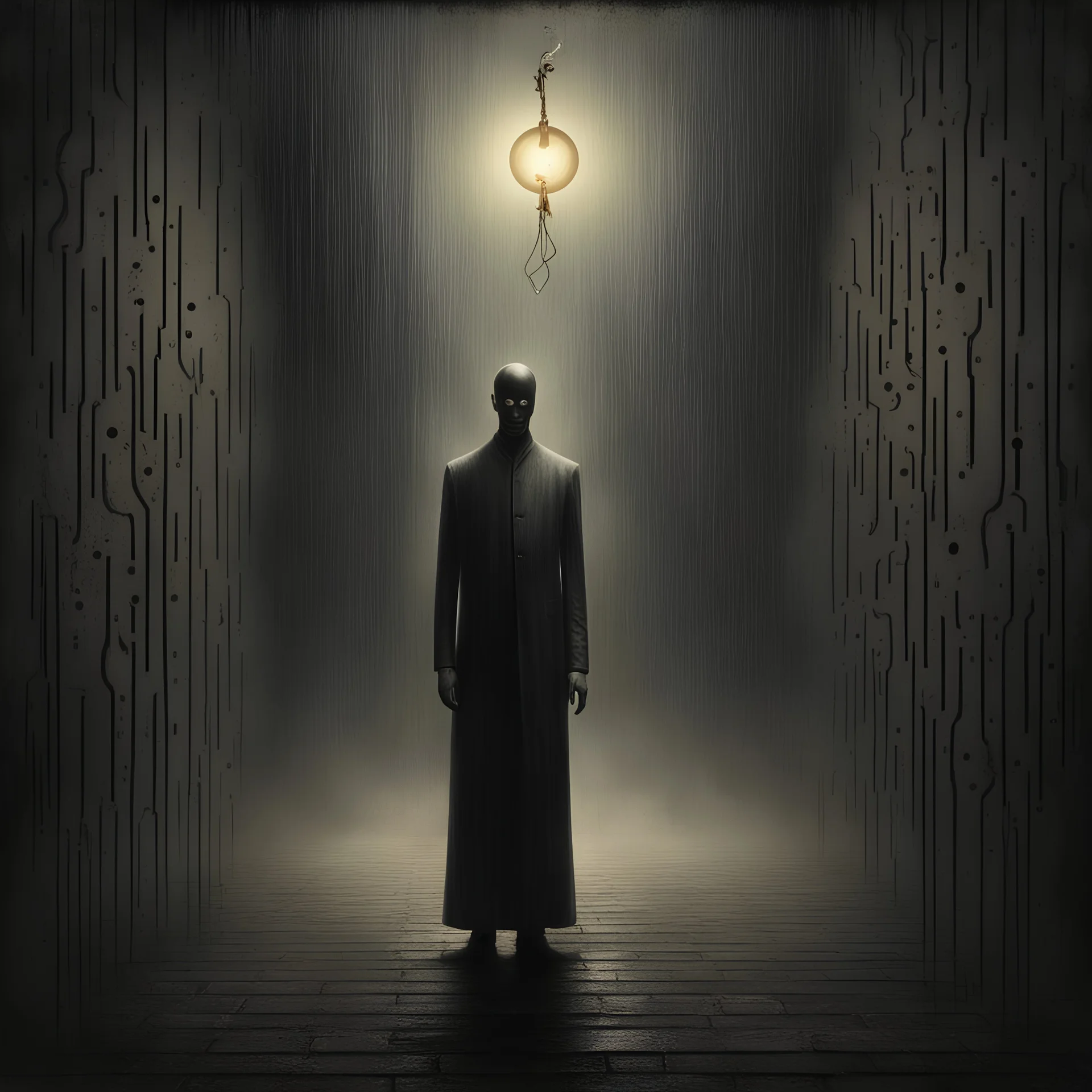 creative surreal horror composition in style of Dan Mahurin and Ben Goossens, divorced from reality, dark shines, surreal oil painting masterpiece, sinister weird, abstract braille glyph vertical textures