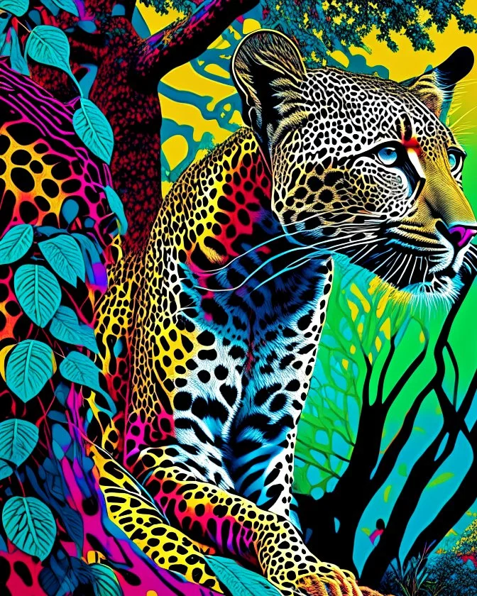 Leopardo coherente Arte pop obra de arte 4k cuerpo completo árboles detallado impactante nitido