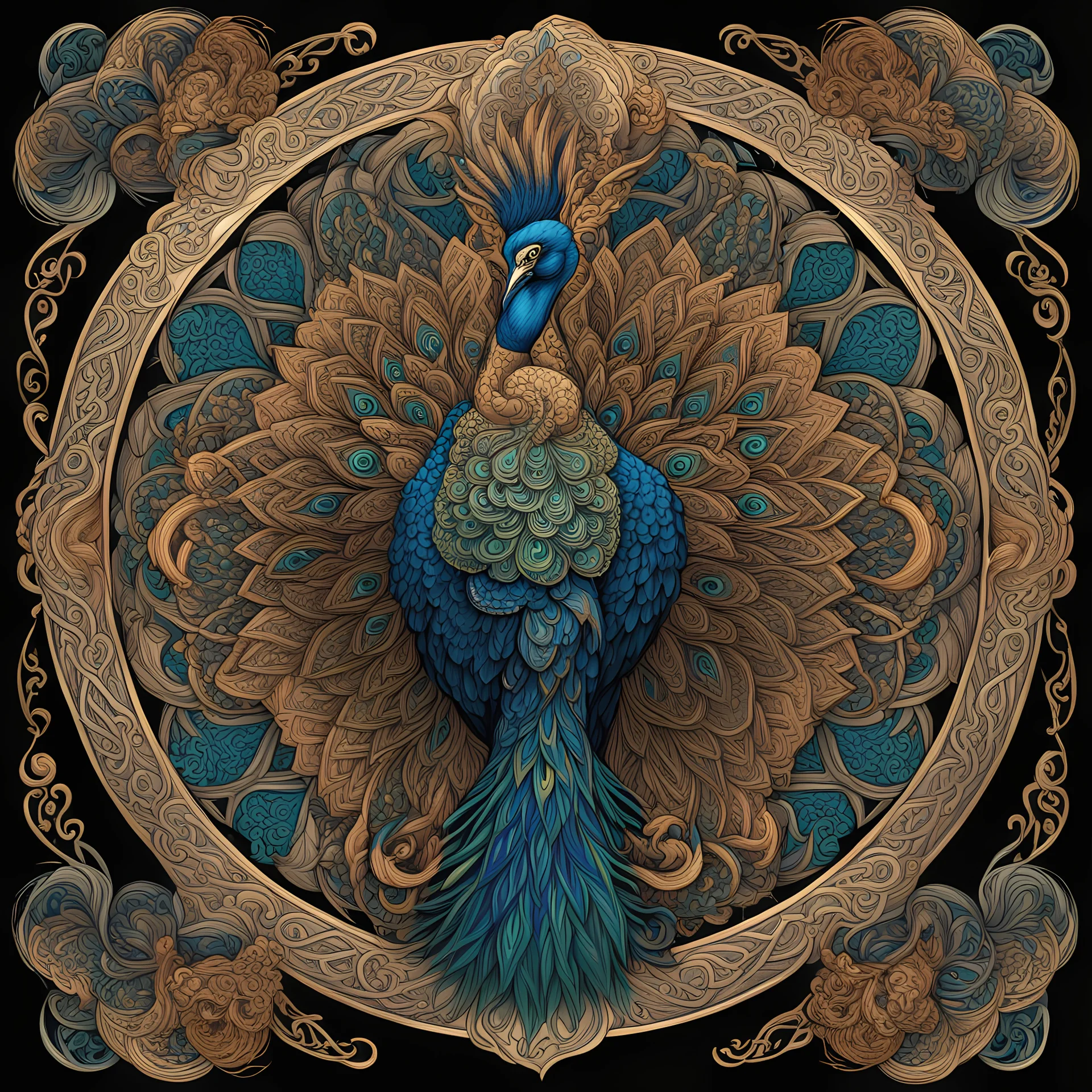 celtic peacock I centered | symmetrical | key visual | intricate | highly detailed | iconic | precise lineart | vibrant and natural all round colors | comprehensive cinematic | alphonse mucha style illustration I very high resolution | sharp focus | poster | no watermarks I plain black background