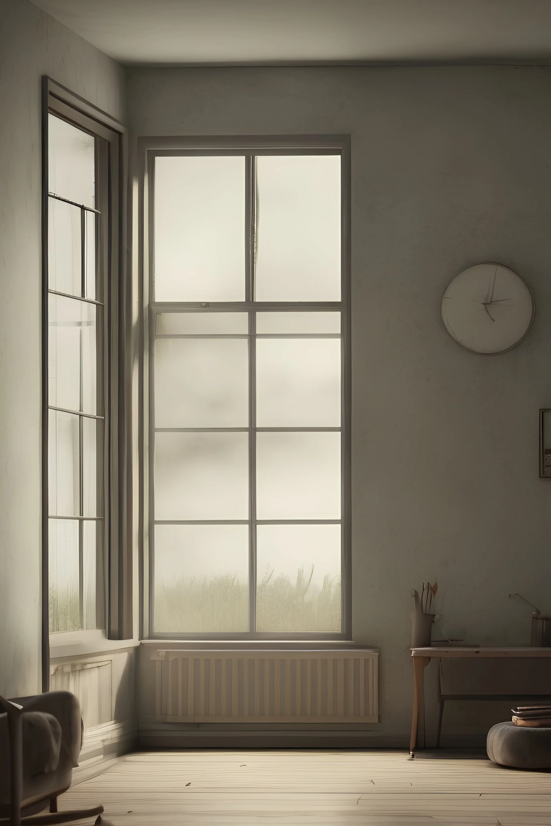 interior of room with large modern window looking onto fields