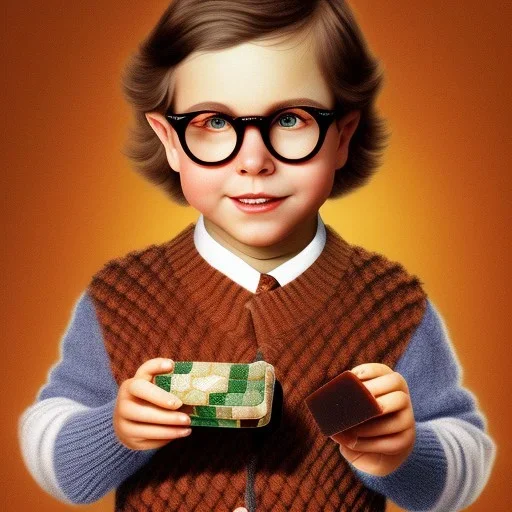 Peter billingsley chubby kid Tortoise-shell glasses, Holding a ((dark red soap bar)) in his hand, brown argyle sweater