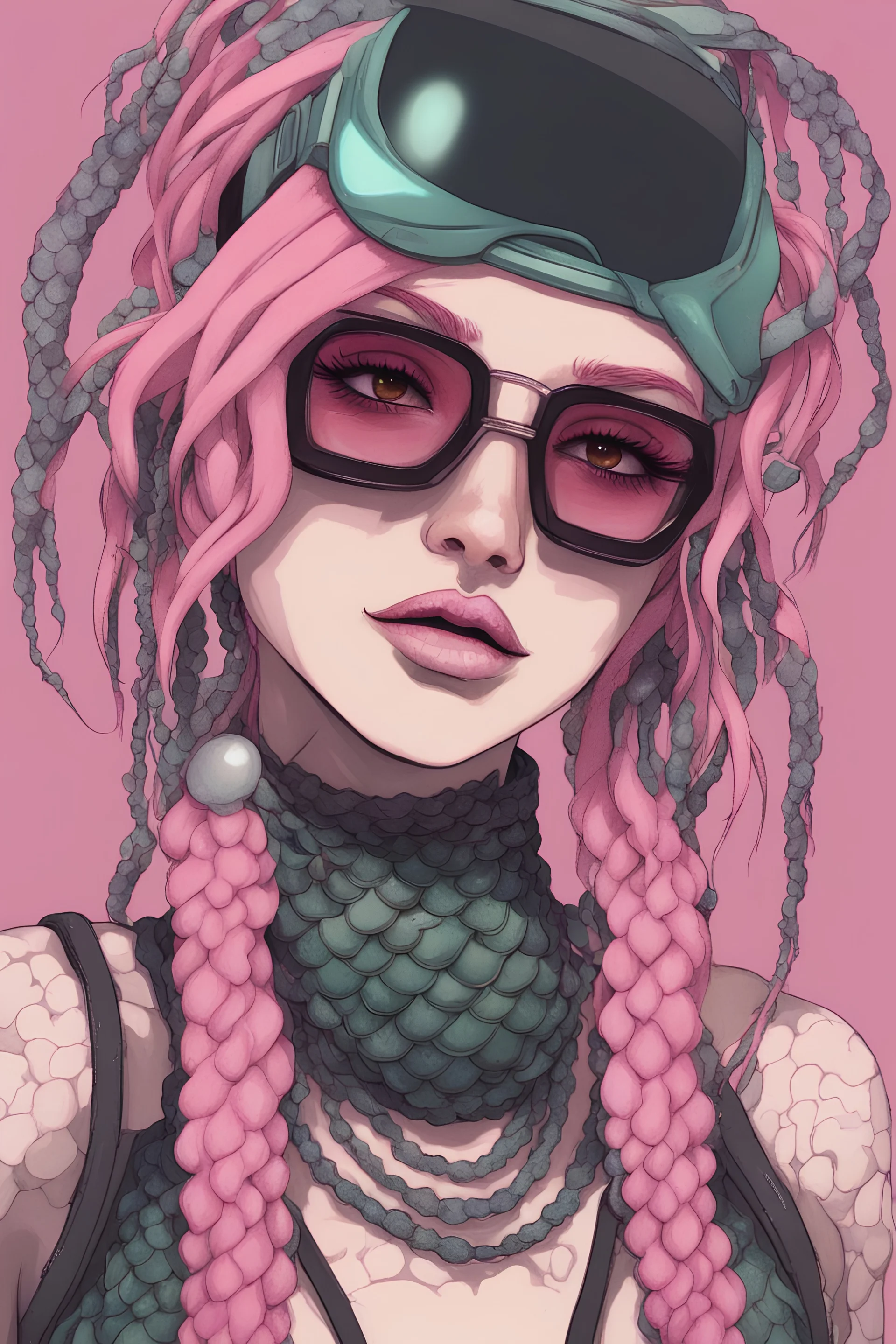 entire body mermaid cyberpunk some fish scales on face pink hair dreadlock sunglasses