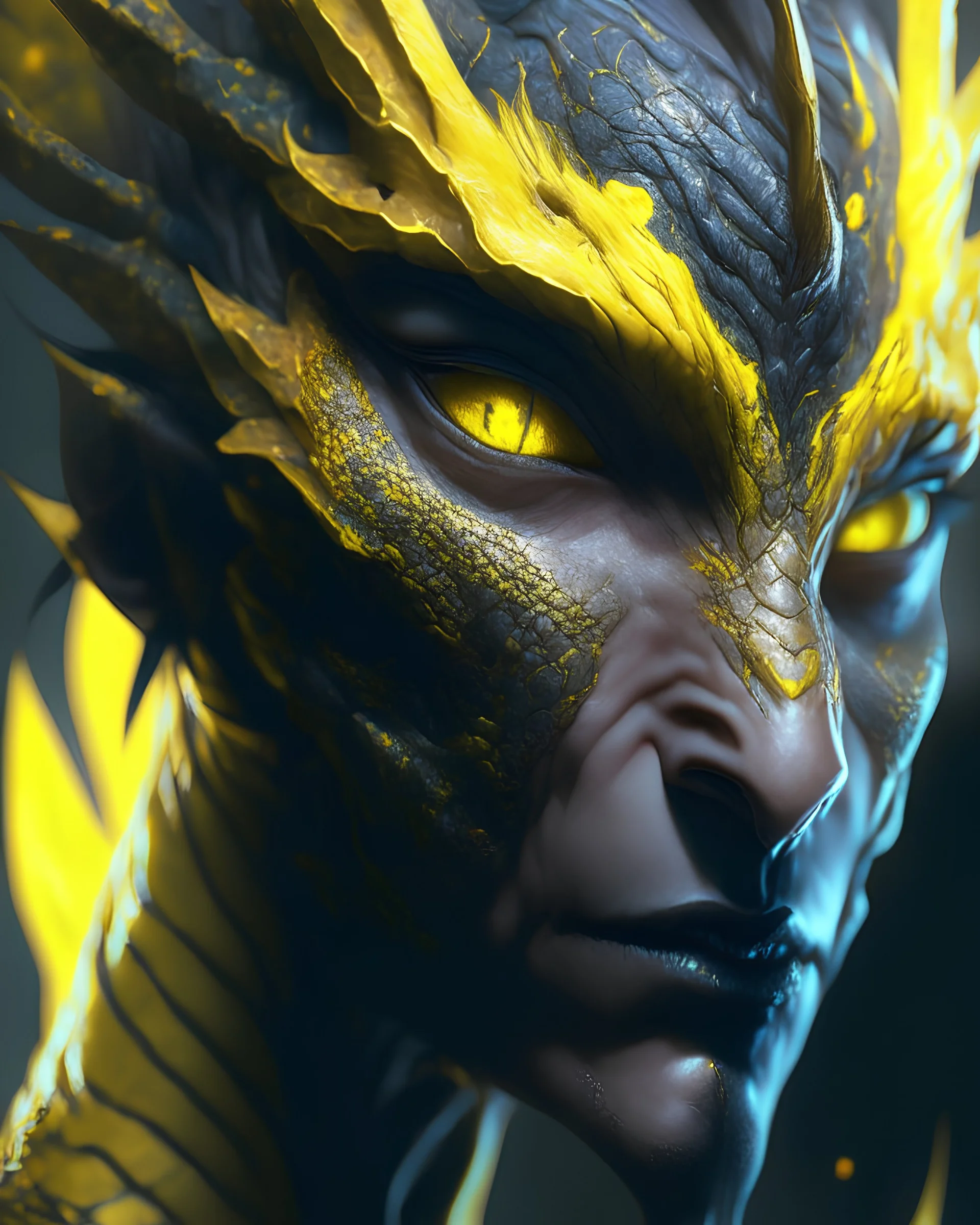 A Na'vi Dragon with large yellow eyes, tattooed skin, starring directly into the viewer, centered, 8k resolution concept art portrait by Greg Rutkowski, Artgerm, WLOP, Alphonse Mucha dynamic lighting hyperdetailed intricately detailed Splash art trending on Artstation Unreal Engine 5 volumetric lighting, by Hajime Isayama, H R Giger, Boris Vallejo, triadic colors