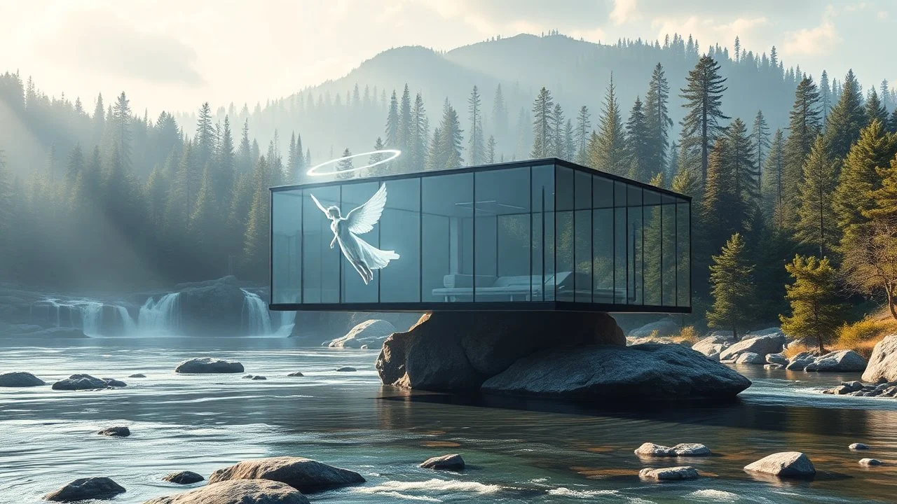 Modern minimalist glass house floating on a mountain river, heavenly angel passing through the transparent walls as if they were water, shining halo, gentle waterfalls, pine forest in the background, serene and mystical atmosphere, contemporary art style