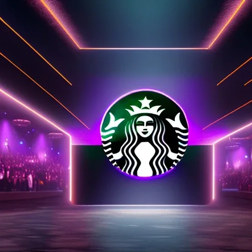 Mystery starbucks, Ambiance dramatique, dramatic lighting, volumetric lighting, concert background, hyperrealisme, 8k, high quality, lot of details, fit within portrait