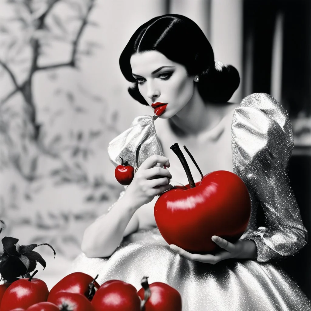 [high res colourful photo by Helmut Newton] snow white eats the flashy red apple