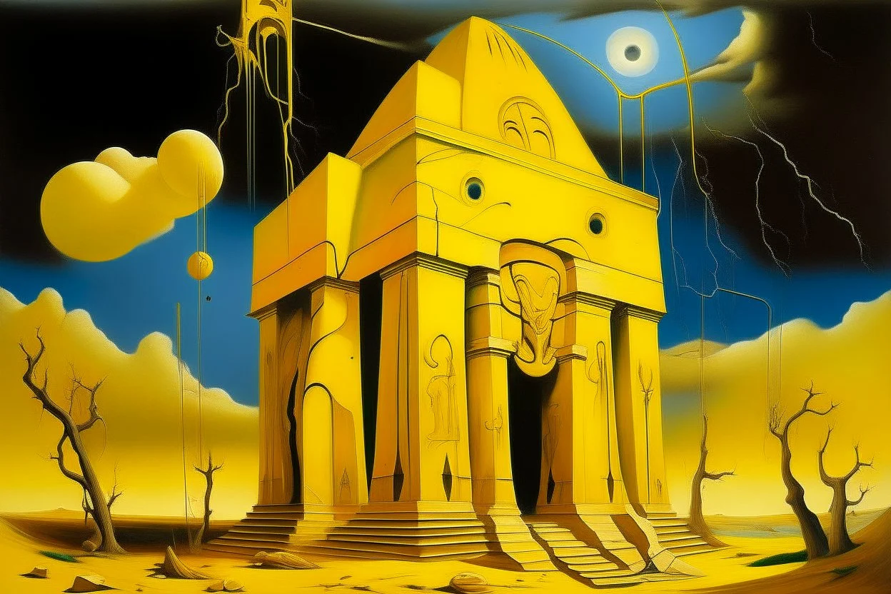 A yellow lightning temple designed in ancient Egyptian hieroglyphics painted by Salvador Dali