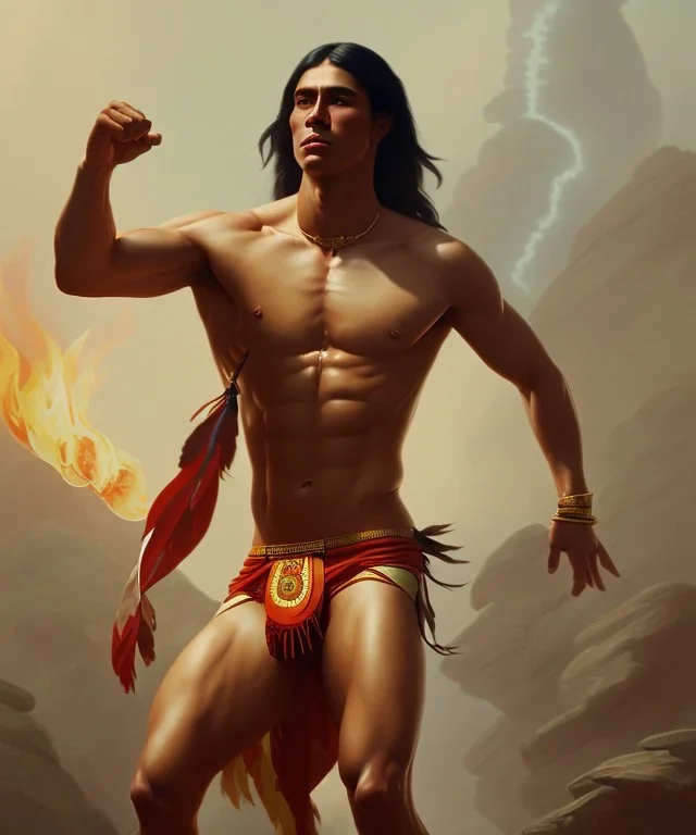 native american warrior, long black hair, dancing on top of fire, big muscles, loincloth, shirtless, 8k resolution concept art portrait by Greg Rutkowski