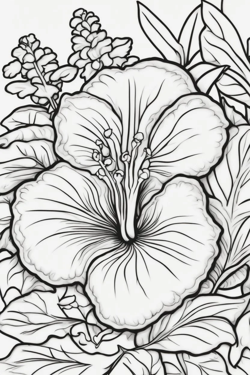 flowers coloring page for kids, hibiscus, cartoon style, thick outline, low details, no shading, no color