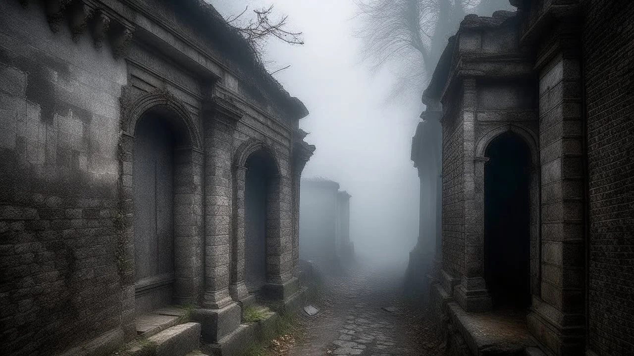 An ancient and abandoned city where the walls of the buildings are covered with inscriptions that whisper secrets in the ears of those who approach. The streets are always shrouded in a dense fog that hides ghostly figures.