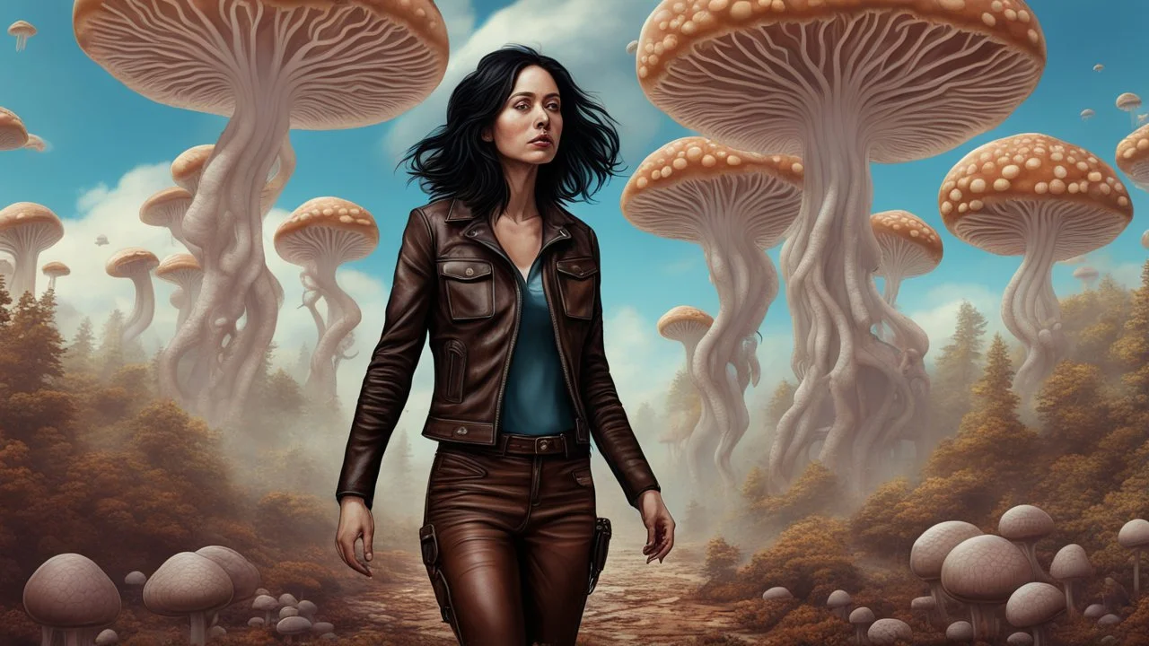 woman with black hair, in brown leather trousers and jacket, walking through Alien mushrooms with jellyfish tentacles in an alien forest, photorealistic, Deep Colour, Intricate Detail, sunshine, blue sky