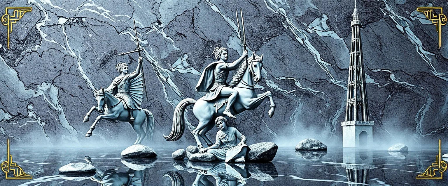 the chariot, the fool and the tower tarot card disaster rendered in magnificient 4d glossy marble stones reflective and wet, like mirrors