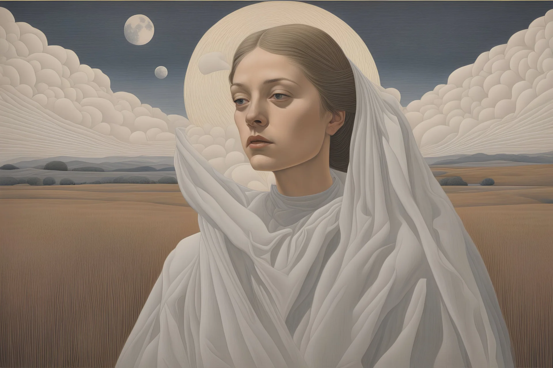 Alex Colville oil painting tufting tapestry, Otherworldly, young beautiful HD face Princess of the Moon avant-garde organza StarWars fashion, Austrian Symbolism, arcane atmosphere, countryside-style raw dream dimension