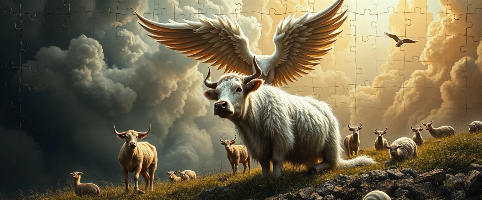 almost fully laid small puzzle pieces tapestry showing angry god storm in heaven suffering through a pinhole cam picture of heavenly fluffy elevated messed up woodland elongated slimy cow snail story teller and ad & d monster creatures flock painted by Nerdrum and Rembrandt