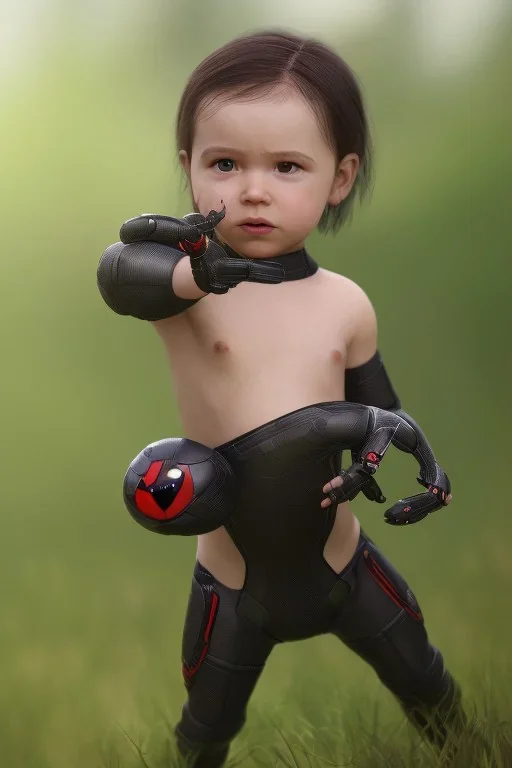 Black widow toddler, serious, full body, bokeh, hyper realistic