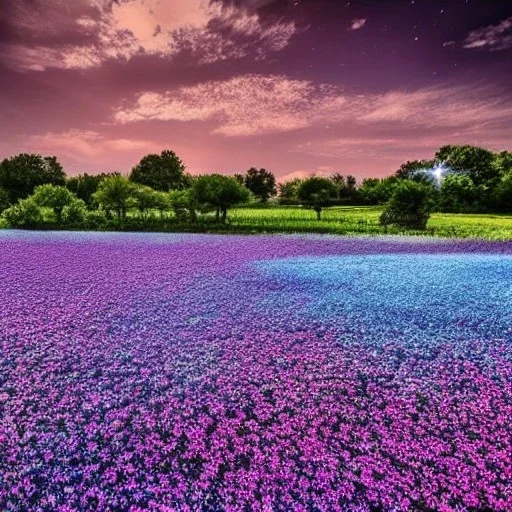 Many beautiful and big cristal flowers in a field grande luminosa, papillon cristalli luminosi, SWANN, cielo rosa blu, pieno di dettagli, sole liscio e luminoso ， atmosfera di luce soffusa, effetto luce ，shooting star pink, river, cascade