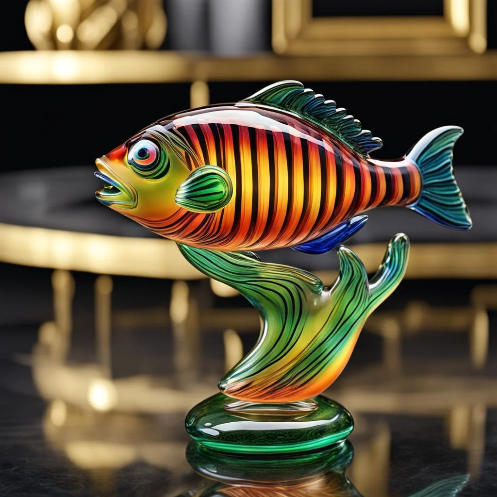 a blown glass fish with rainbow-hued stripes, early 20th century Art Deco. Elegant and intricate detailing super realistic