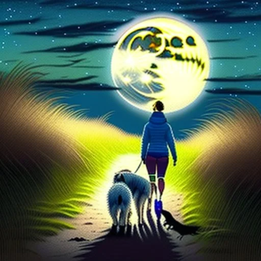 A woma and Irish Sutter dog are iwalking in the field leading to the beach under a full moon,