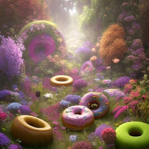 pixar style, volumetric summer garden environment and background, realistic painting of donuts, looking excited, volumetric lighting, dramatic lighting, detailed digital painting, extreme dense and fine fur, anime, ornate, colour-washed colors, elegant, small minutiae, tiny features, particulars, centered, smooth, sharp focus, renderman gofur render, 8k, uhd, detailed eyes, realistic shaded volumetric lighting, sunlight caustics, backlight, centered camera view