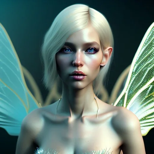 A portrait of a beautiful blonde Faery, with big transparents wings,atmospheric, realistic, unreal engine, lighting, octane render.