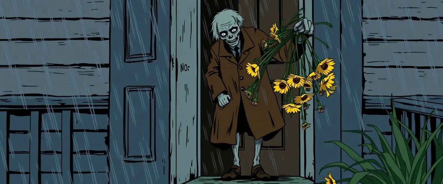 Maya is standing in the doorway with one hand still on the handle. She looks surprised, but not frightened. The zombie is wearing an old brown coat with patches on the elbows. His shoes don't match. What's surprising is that he's carrying a bunch of wildflowers. One of them has slipped from his hand and landed upside down on the porch. The rain is falling everywhere except on the flowers. That's a little strange. The story doesn't mention it.