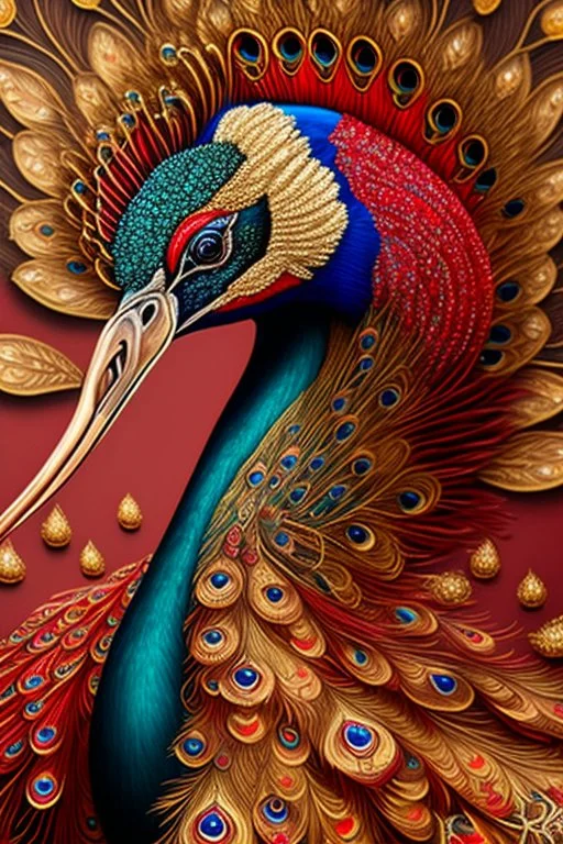 peacock, red and gold tones, insanely detailed and intricate, hypermaximalist, elegant, ornate, hyper realistic, super detailed, by Pyke Koch