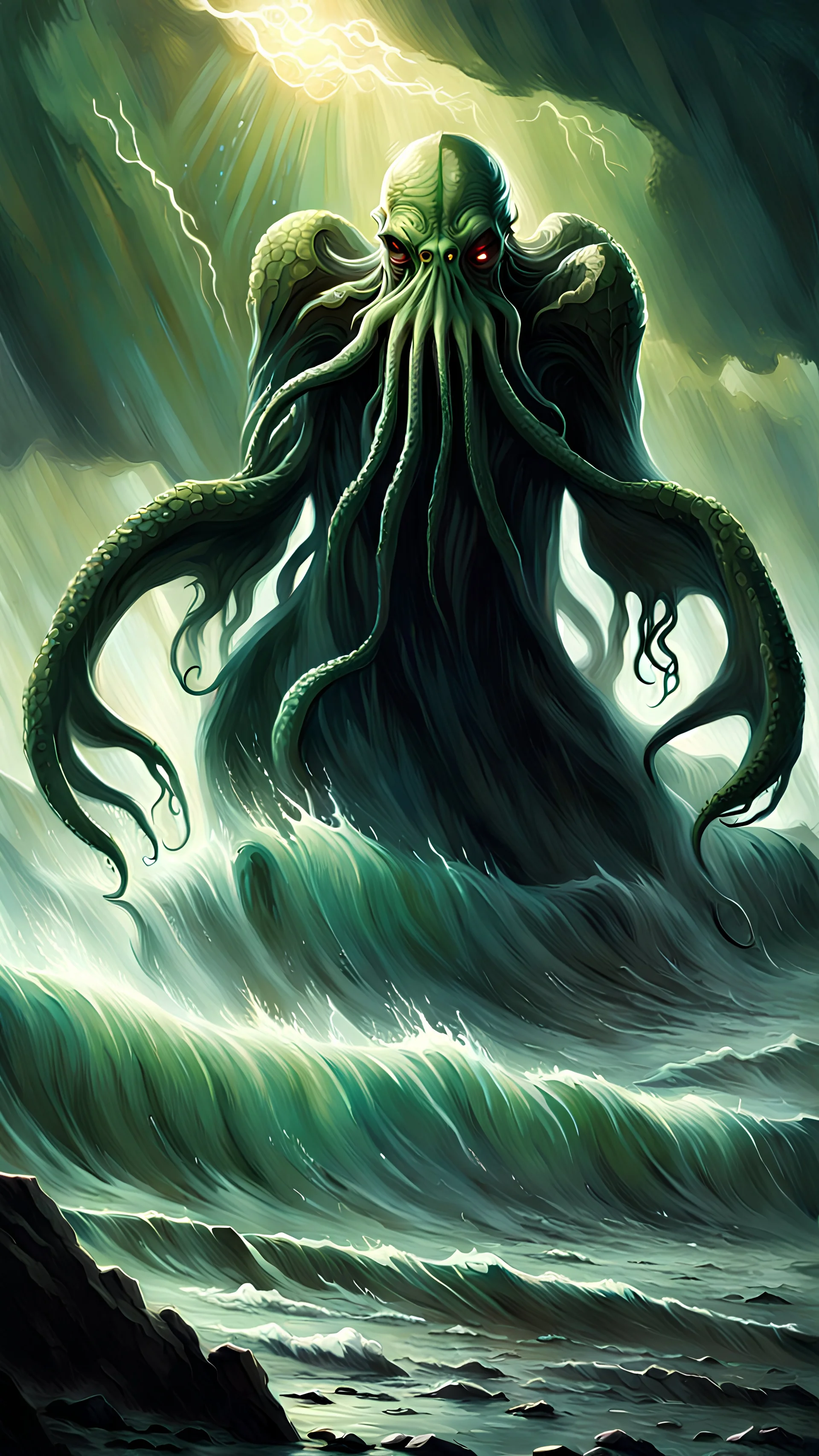 cthulhu emerging from the sea, Dramatic lighting, Epic composition, Close up, greg rutkowski, magali villeneuve