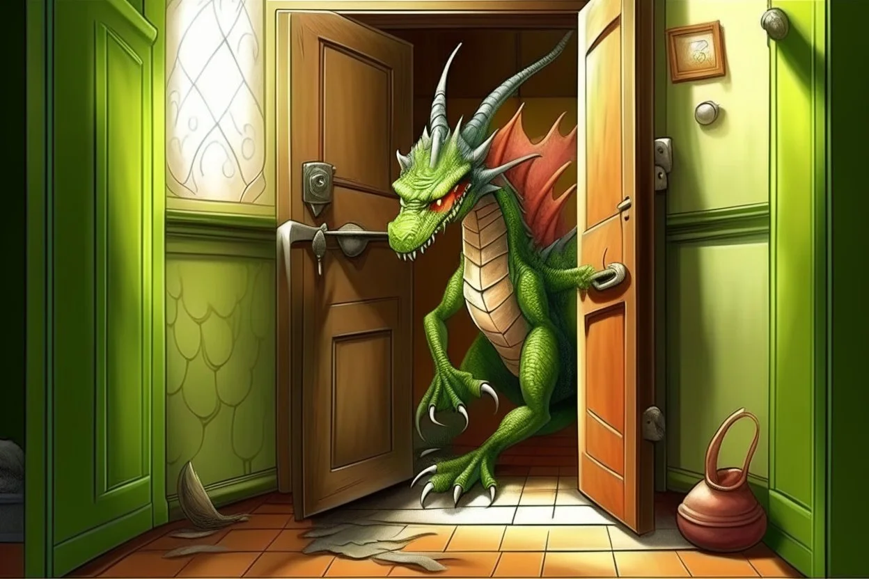 A real good dragon knocks on the door of a child's room, realism photographic, graphic novel,