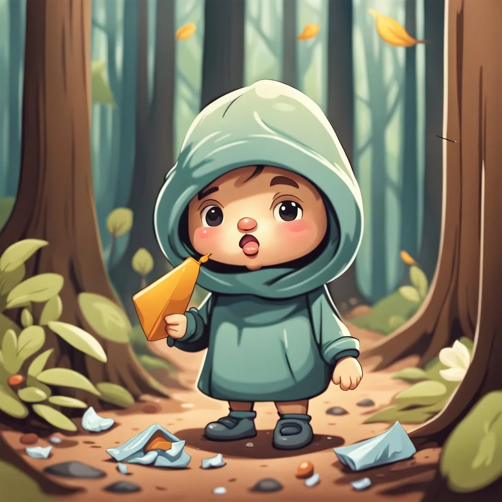 a very little Cute Figure, with cute face, collects trash in the forest, cartoon style