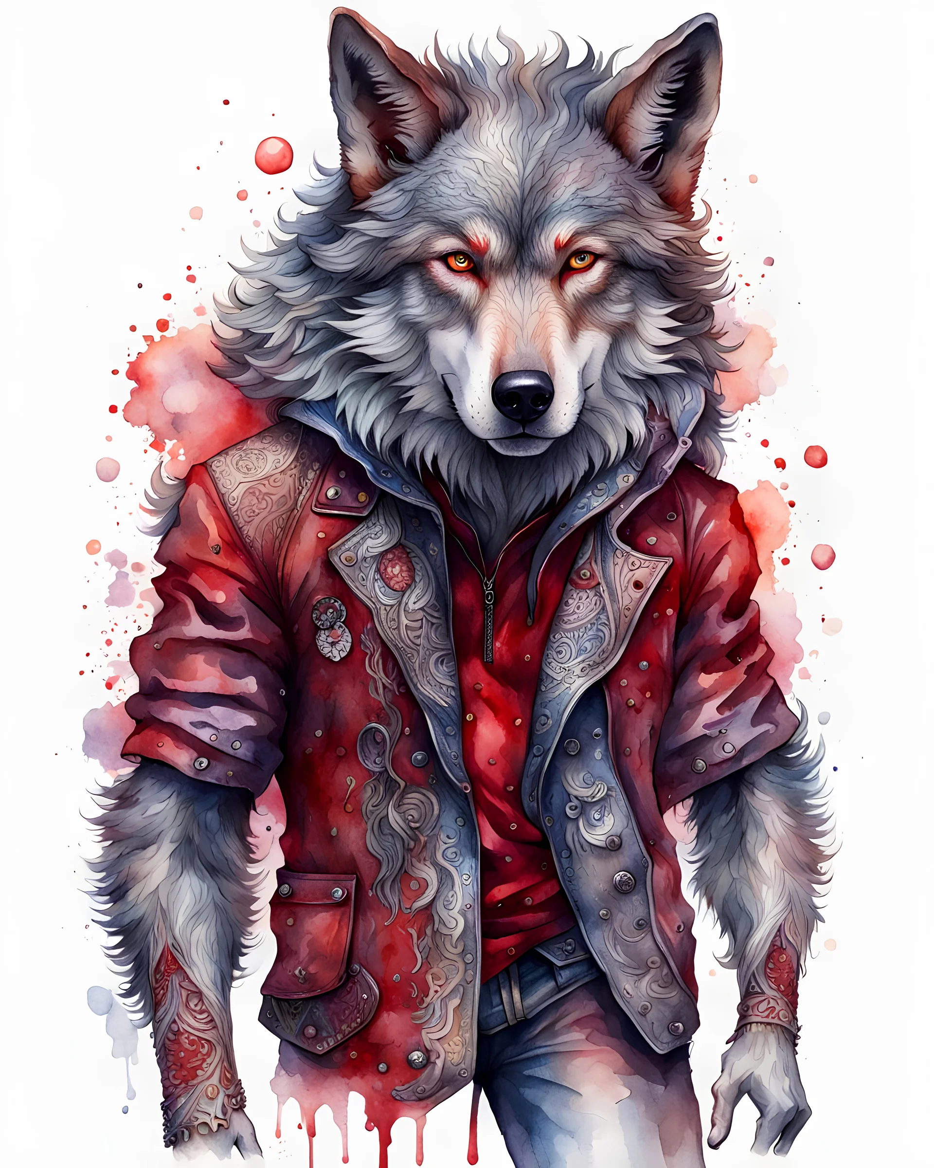 Wolf humano, acuarela calidad ultra, hiperdetallado, intrincado, maximalista, colores plateado y rojo, 8k cuerpo completo