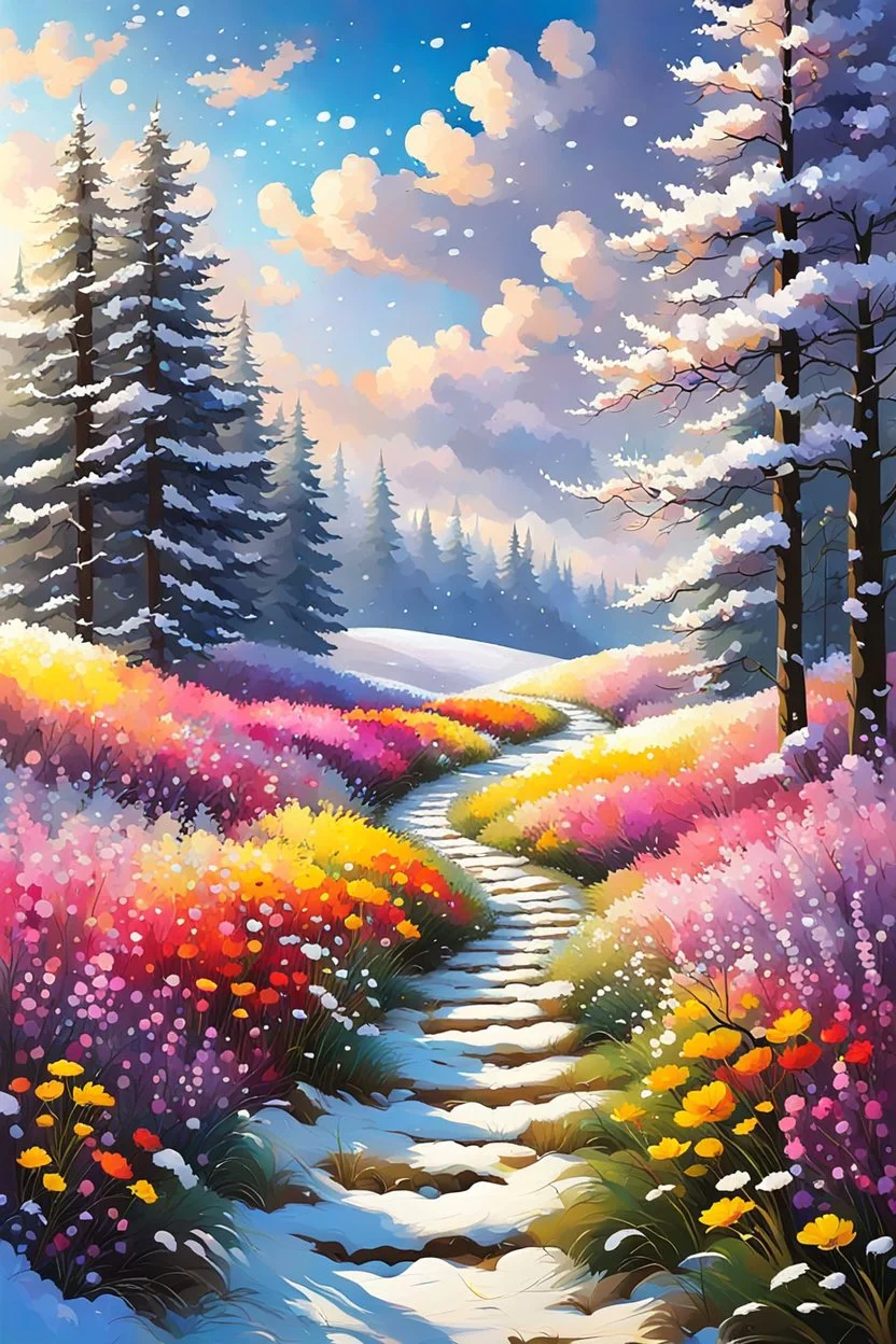 a field filled with lots of flowers next to a forest, footsteps in the snow, beautiful master painting, splashes of colors, path, very attractive and beautiful clouds, ( land ), pathway, color splashes, beautiful view, soft edges, stunning screensaver.