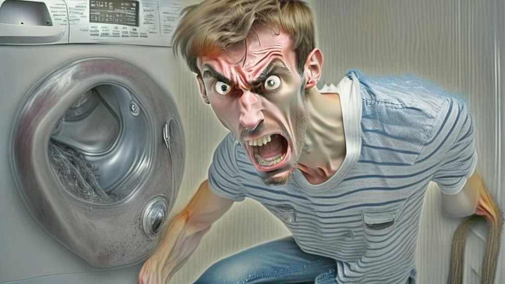 very skinny and sickly young man angry unable to move damaged washer and dryer