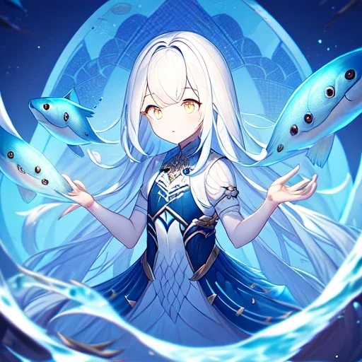 fish princess, big dreamy eyes, intricate, colored hair, symmetrical, emotionless, long white hair, short, cute, small girl,