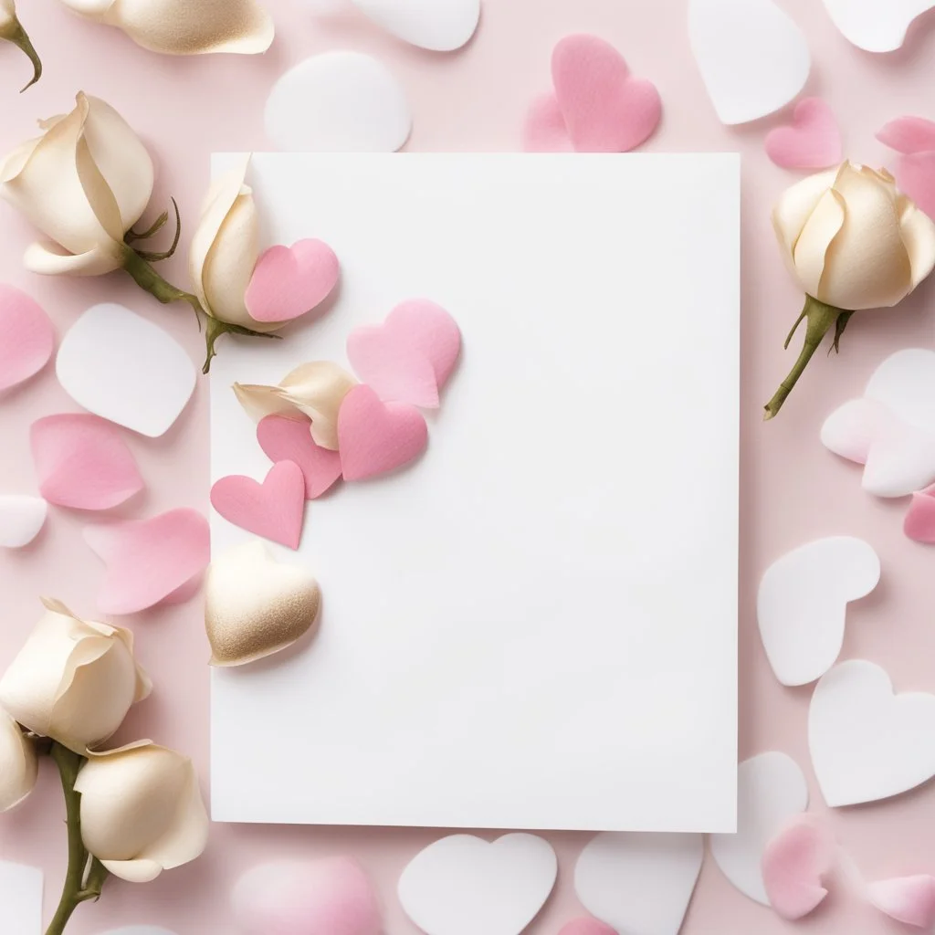 A photo of a white card, 5.5 by 4.25 inches. The card is vertically positioned on a beautiful white surface, positioned between pink rose petals and litte golden hearts.