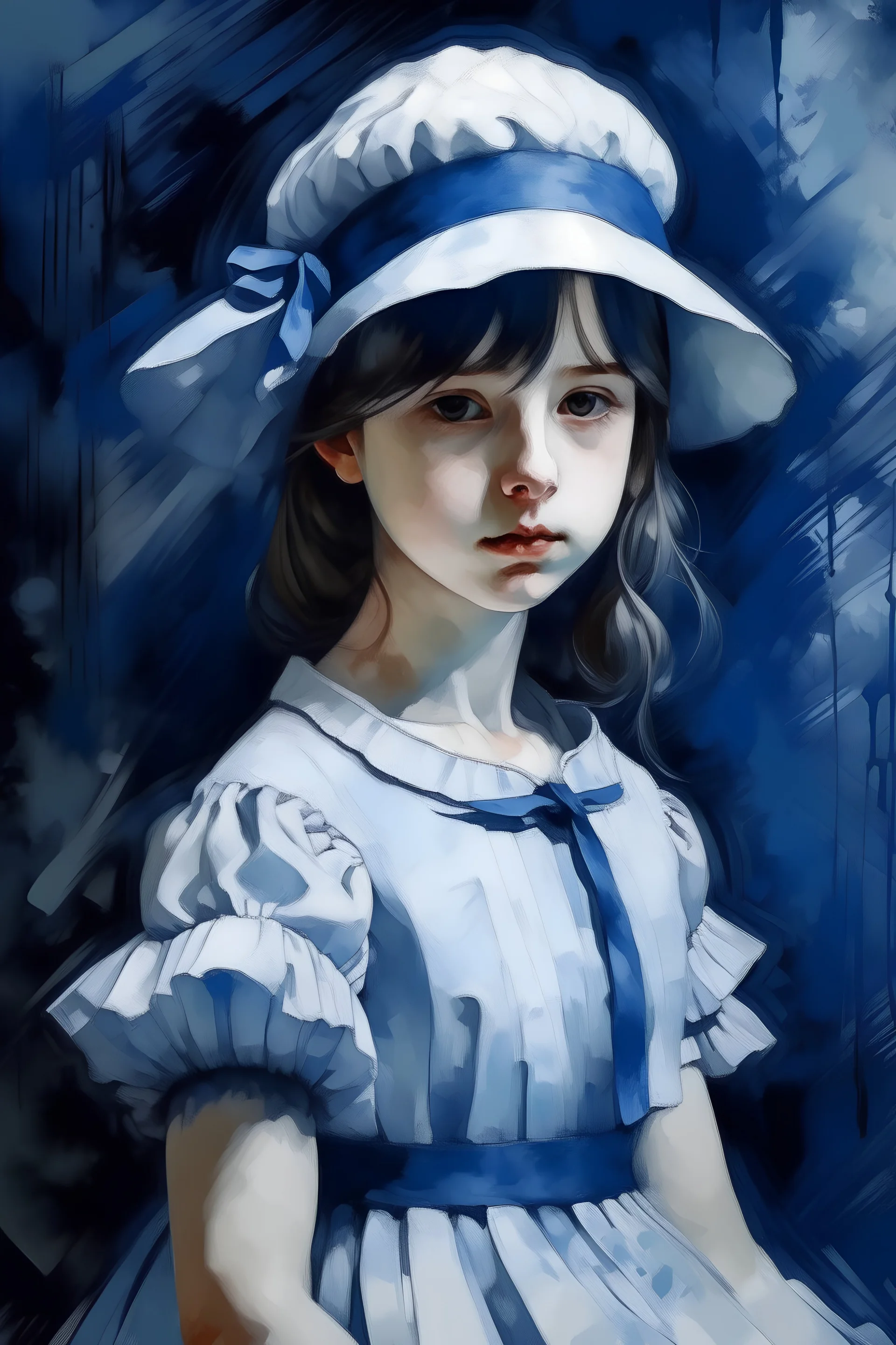 indigo girl with a victorian style wig in a white dress in oil painting effect ink brushstrokes