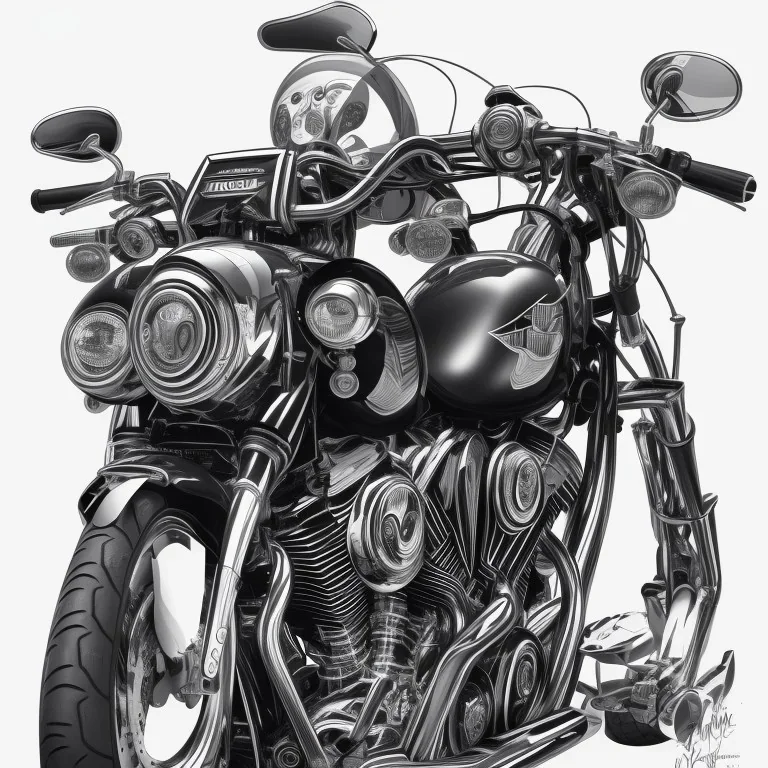 Technical concept study, pencil sketch, hyper detailed, black and white, thick line, high details, lineart, inspired from 2022 Harley-Davidson® Fat Boy® 114